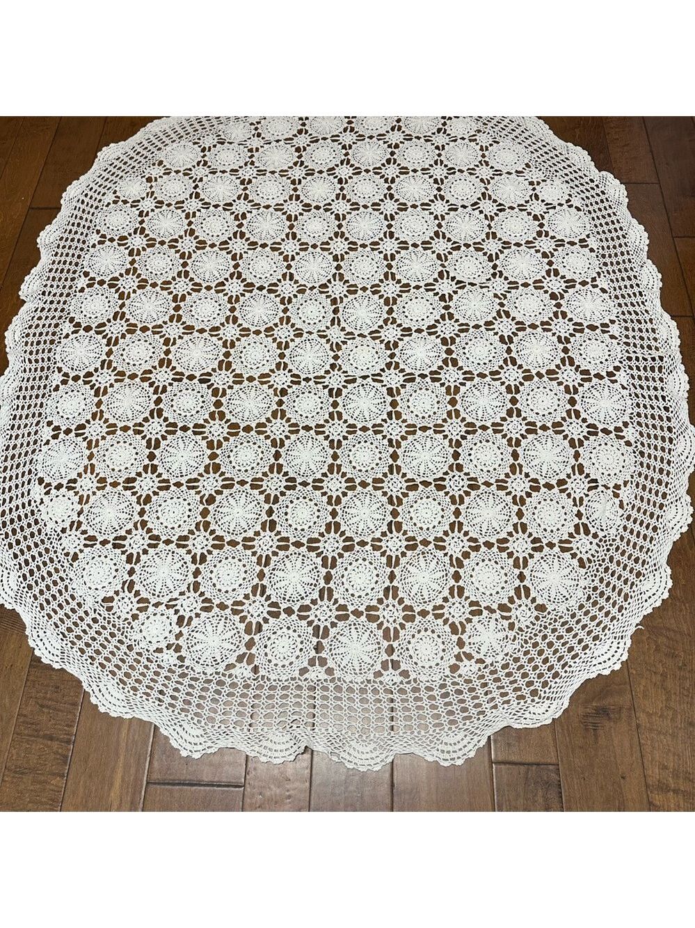 Vintage Ivory Hand Crochet Oval Tablecloth